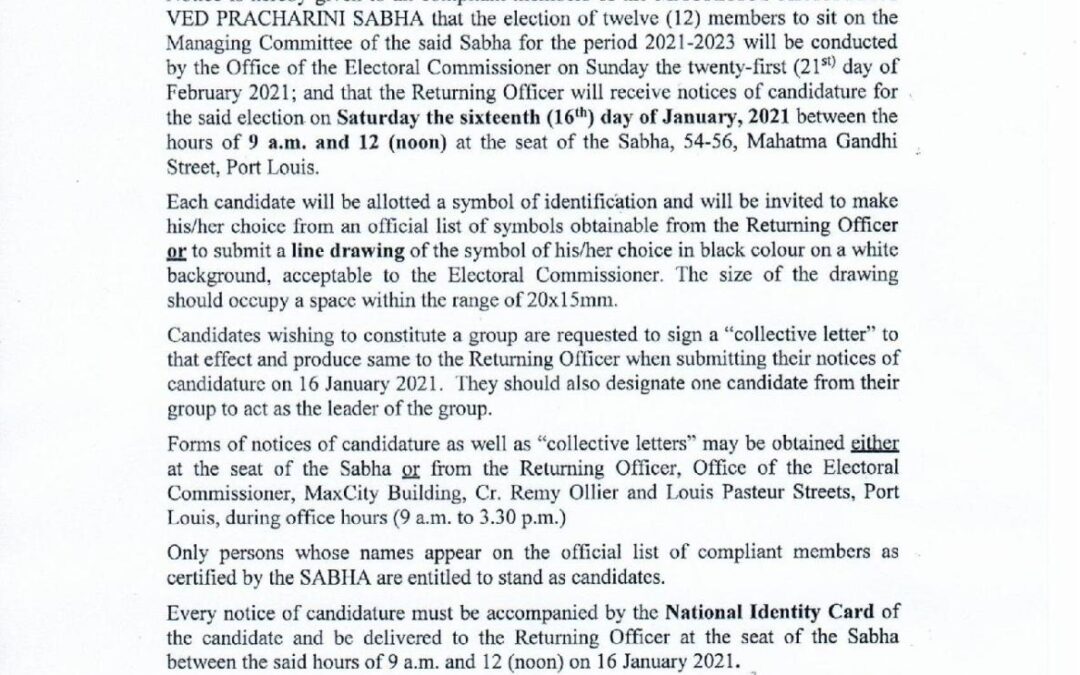 Notice of Election for Managing Committee of Mauritius Arya Ravived Pracharini Sabha